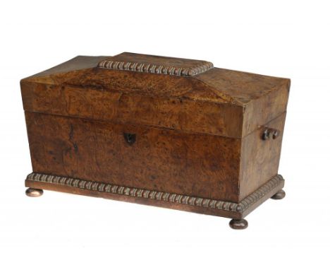 A WILLIAM IV BURR YEW WOOD TEA CADDY, C1830 the fitted interior with pair of canisters, 33cm w and a Regency inlaid mahogany 