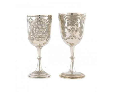TWO VICTORIAN SILVER CUPS 17.5 and 18.5cm h, both Birmingham, by George Unite, probably 1876 and by Hilliard & Thomason, 1892