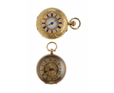 TWO SWISS GOLD CYLINDER FOB WATCHES, C1900 one with guilloche enamel chapter ring, marked 9K or 18K, 31 and 33mm diam ++Glass