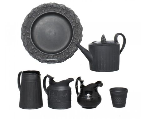 A GROUP OF BLACK BASALT WARES INCLUDING AN ENGINE TURNED MINIATURE FLOWER POT, C1790-1825 teapot and cover 12cm h (7) The sha