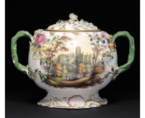 A MINTON FLORAL ENCRUSTED GLOBE POT POURRI BOWL AND COVER, C1825-30 painted with flowers to one side and an abbey to the othe