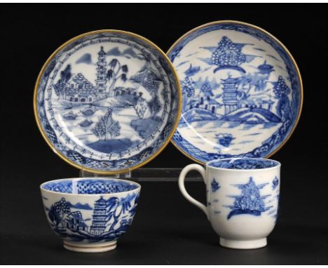 A CAUGHLEY BLUE AND WHITE TEA BOWL, SAUCER AND COFFEE CUP AND A CONTEMPORARY MATCHING CHINESE SAUCER, C1790 painted with the 