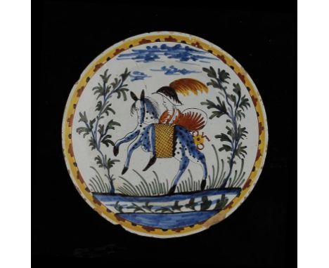 A DUTCH DELFTWARE POLYCHROME HORSEMAN DISH, LATE 18TH C 31cm diam ++Hairline crack at 1 o'clock emanating from a central star