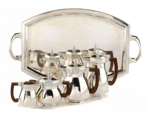A FRENCH ART DECO SILVER FIVE PIECE TEA AND COFFEE SERVICE, C1930 tray 661cm w, by Boulenger, maker's and control marks, 166o