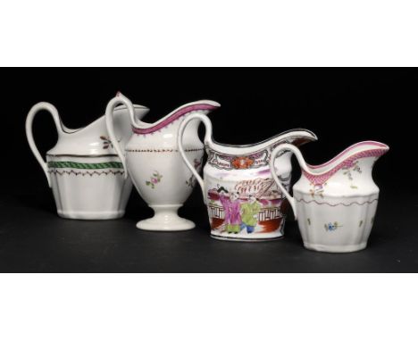 TWO NEW HALL CREAM JUGS, AN A & E KEELING CREAM JUG AND ANOTHER, C1800 silver, conical or oval shaped, the last in the Execut