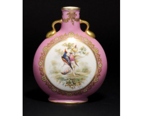 A COALPORT PINK GROUND MOON FLASK, C1861-70 painted by John Randall and William Cook with exotic birds to one side and a bask