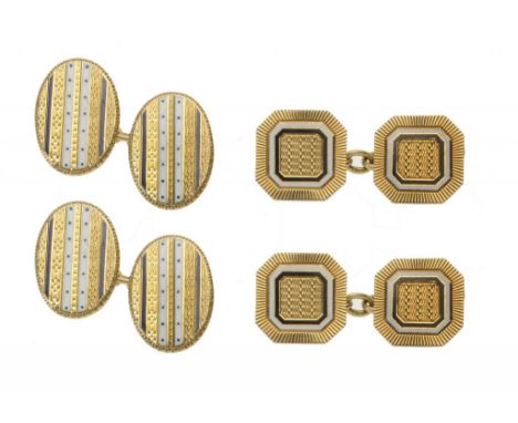 TWO PAIRS OF GOLD AND ENAMEL CUFF LINKS one 18ct, maker C & F, London 1929, the other marked 18CT and engraved LA RESERVE, 19