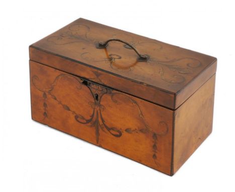 A GEORGE III SILVER-FITTED SATINWOOD TEA CADDY WITH THREE OVAL SILVER LIDDED CUT GLASS CANISTERS the front and lid inlaid in 