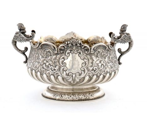 A SCOTTISH VICTORIAN SILVER BOWL with winged figure handles, engraved with armorials, 28cm w, by Thomas Ross & Sons, Glasgow 
