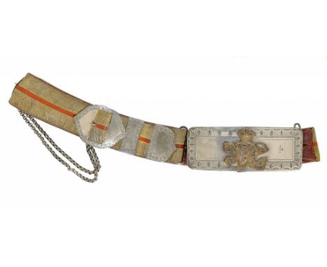 A VICTORIAN FULL DRESS SHOULDER BELT AND POUCH OF AN OFFICER OF THE 21ST LIGHT DRAGOONS the red morocco belt with gold lace, 