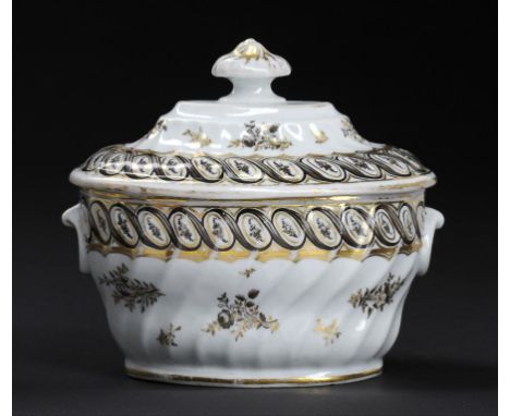 A CAUGHLEY SHANKED OVAL SUCRIER AND COVER, C1797-99 enamelled in sepia and gilt, 13cm h Provenance: Mercury Antiques, London.