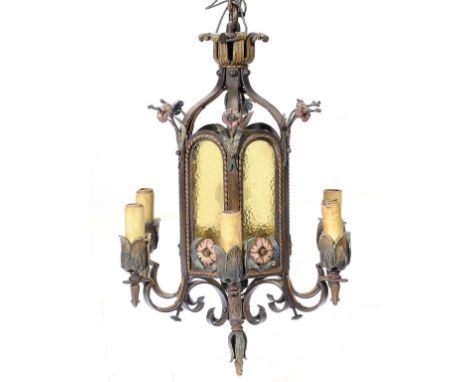 A LACQUERED AND PAINTED BRASS HEXAGONAL HALL LANTERN, EARLY 20TH C of seven lights, 62cm h ++Encrusted with dirt and grime bu
