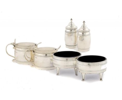 A GEORGE V SILVER SIX PIECE CONDIMENT SET with blue glass liners, pepper casters 10cm h, by Harrison Bros & Howson, Sheffield