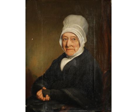 ENGLISH SCHOOL, 19TH CENTURY PORTRAIT OF A LADY IN QUAKER DRESS seated half length in an interior, oil on canvas, 52 x 40cm, 