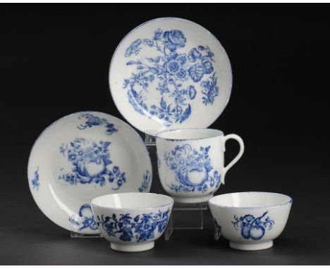 A COALPORT BLUE AND WHITE TRIO AND TEA BOWL AND SAUCER, JOHN ROSE & CO, C1800-10 printed with the Caughley Apple and Damson a