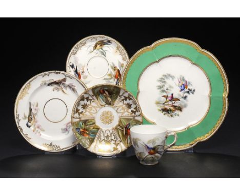 A COALPORT GREEN GROUND DESSERT PLATE AND FOUR TEA WARES, ALL PAINTED BY JOHN RANDALL, 1841-63 a plate 24cm diam, PODR mark o