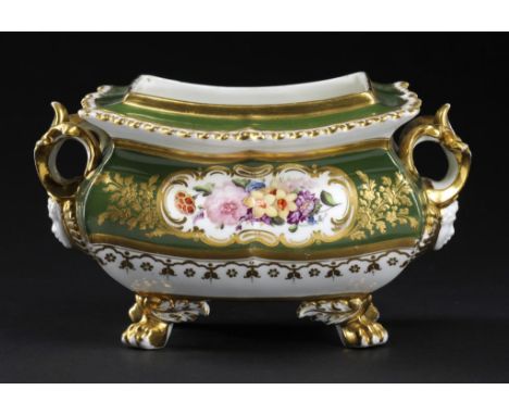 A COALPORT GREEN GROUND SUCRIER, C1820-30, 10cm h, painted to both sides with a panel of flowers For this rare shape see 1970