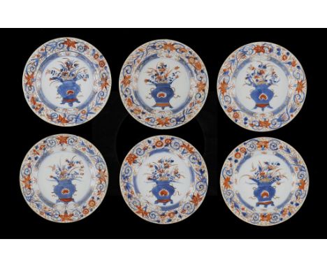 A SET OF SIX CHINESE IMARI PLATES, 19TH C 22cm diam ++Four plates with very small rim nicks, one also with star crack; locali