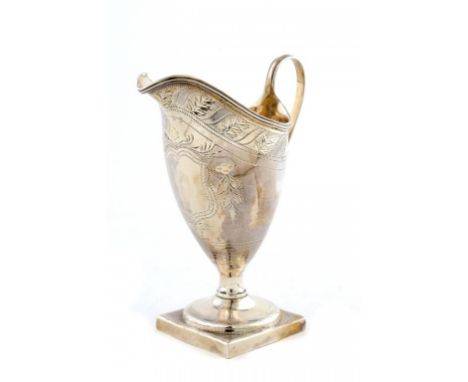 A GEORGE III SILVER ENGRAVED HELMET SHAPED CREAM JUG 13cm h, by Samuel Godbehere and Edward Wigan, London 1796, 3ozs ++In fin