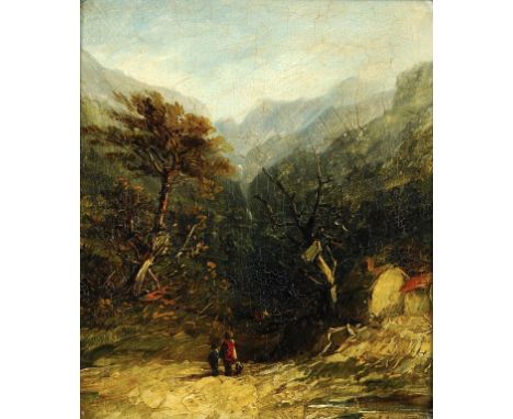 FOLLOWER OF DAVID COX WOODED LANDSCAPE POSSIBLY IN NORTH WALES WITH FIGURES ON A PATH oil on oak panel, 17.5 x 15cm ++A spiri