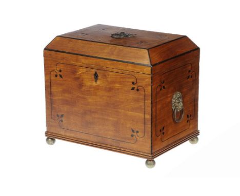 A REGENCY SATINWOOD AND EBONY LINE INLAID DECANTER BOX, C1820 with brass lion or double headed eagle handles and brass feet, 