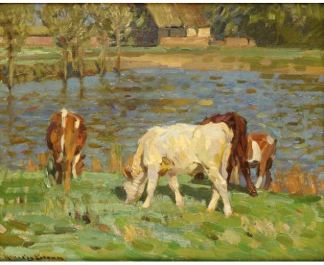 †SIR JOHN ALFRED ARNESBY BROWN, RA, RBA (1866-1955) THE FARM POND signed, signed again and dedicated on the artist's label ve