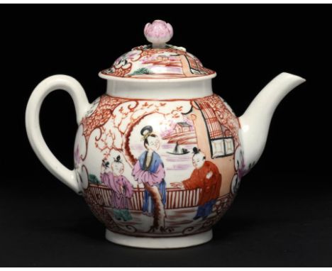 A WORCESTER TEAPOT AND COVER DECORATED WITH A CHINESE STYLE MANDARIN PATTERN, C1770 14cm h ++One or two minute chips on tip o
