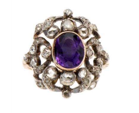 AN AMETHYST AND ROSE DIAMOND RING, 19TH C AND LATER chased gold hoop, size T ++Adapted from another article with light wear