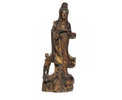 A CHINESE GILTWOOD FIGURE OF GUANYIN WITH AN ACOLYTE, 18TH/19TH C 50cm h ++Gilding heavily rubbed and extremely dirty with mu