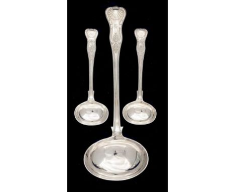 A VICTORIAN SILVER SOUP LADLE AND PAIR OF SAUCE LADLES King's pattern, by Josiah Williams & Co, London 1883 and 84, 13ozs 10d