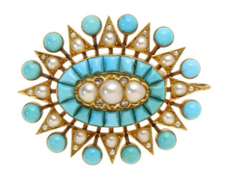 A VICTORIAN TURQUOISE, SPLIT PEARL AND DIAMOND PENDANT, C1860 ++Fine quality and complete, the brooch fitment removed and a w