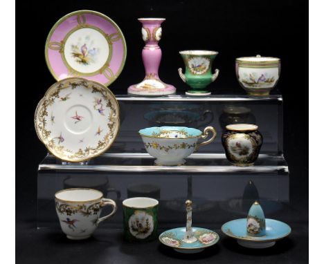 A GROUP OF COALPORT ORNAMENTAL AND TEA WARE WITH SÈVRES STYLE DECORATION, 1841-63 including a small campana vase, candle snuf