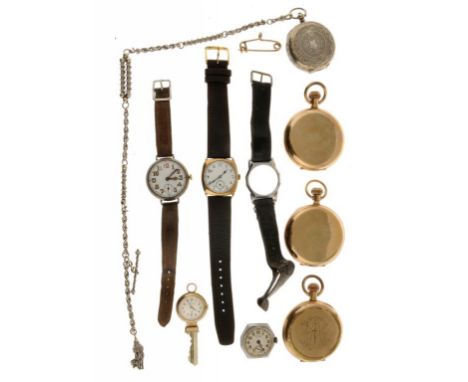 THREE GOLD PLATED HUNTING CASED KEYLESS LEVER WATCHES, A 9CT GOLD CUSHION SHAPED GENTLEMAN'S WRISTWATCH, A SILVER WRISTWATCH 