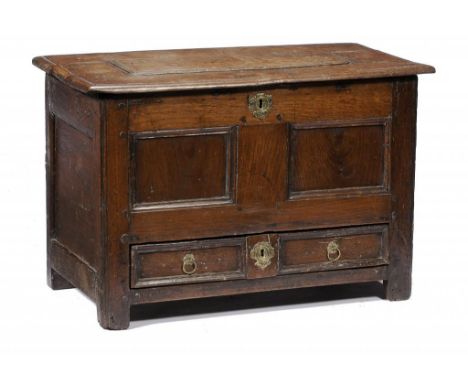 A WELSH OAK COFFOR BACH, 18TH C with panelled lid, front and drawer, 47cm h; 37 x 72cm ++Unrestored and long in the private o