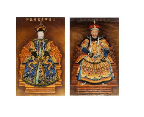 A PAIR OF CHINESE GLASS PAINTINGS OF THE EMPEROR KANGXI AND THE EMPRESS CONSORT, C EARLY 20TH C 80 x 51cm wood frames ++The f
