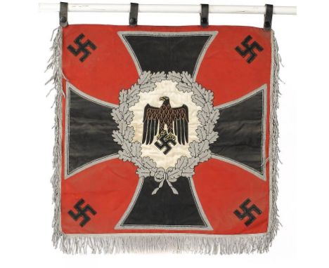 A GERMAN THIRD REICH WEHRMACHT TRUMPET BANNER of heavy red silk, obv. applied with iron cross, eagle and swastikas, rev. AR 1