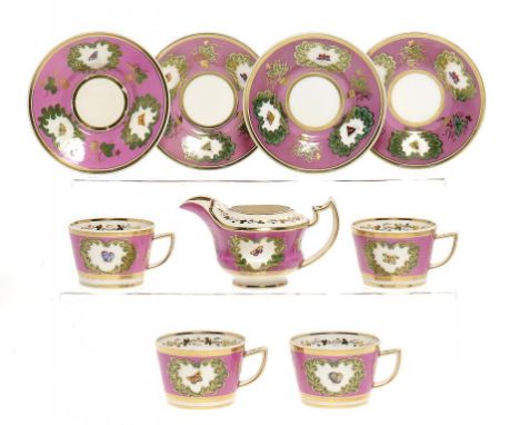 A SET OF FOUR ROCKINGHAM PINK GROUND BUCKET SHAPED TEACUPS AND SAUCERS AND A CREAM JUG EN SUITE, C1826-30 three saucers of la