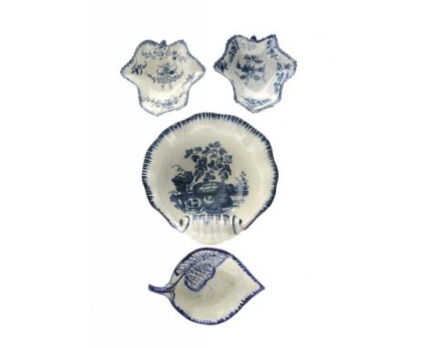THREE WORCESTER AND ONE LIVERPOOL PICKLE DISH, C1760-85 The largest of shell shape, and printed with the rare Marrow pattern,