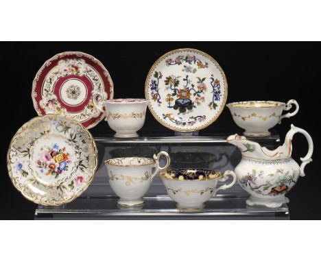 TWO COALPORT CUPS AND SAUCERS AND FOUR OTHER TEA WARES, C1830-41 including examples of patterns 2/433 and 2/551 ++The two cup