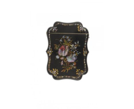 TWO VICTORIAN PAPIER MÂCHÉ CARD CASES, C1850 inlaid with mother of pearl, painted and gilt, 12cm h ++Good examples with relat