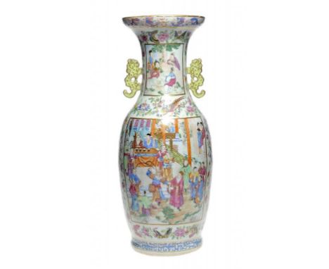 A CHINESE CANTON FAMILLE ROSE VASE, 19TH C with lime green and gilt pierced handles, 63cm h ++Light wear to gilding, not crac