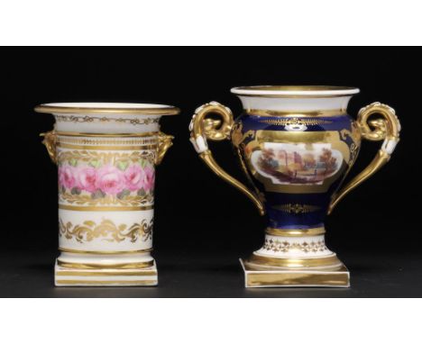 A FLIGHT, BARR & BARR SPILL VASE AND A CONTEMPORARY ENGLISH PORCELAIN COBALT GROUND PEAR SHAPED VASE, C1820-25 painted with c
