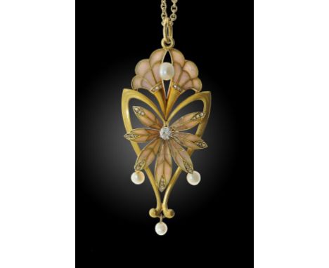 AN ART NOUVEAU DIAMOND, BAROQUE PEARL, GOLD AND PLIQUE À JOUR ENAMEL PENDANT, C1900 marked on loop 18, and a gold necklet (2)