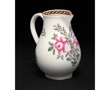 A WORCESTER POLYCHROME SPARROW BEAK JUG, C1775-80 with finely painted deep inner border of ribbon and flowers, 8.5cm h, colle