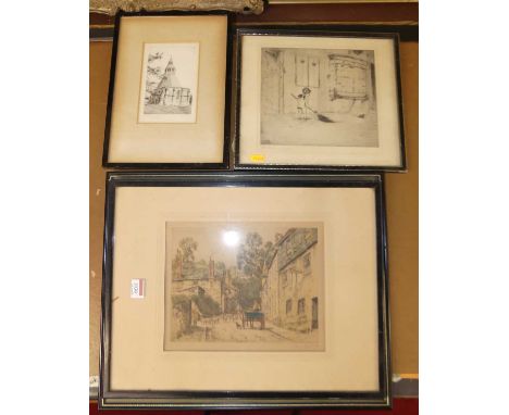 A.L. Jones - The Abbot's Kitchen, Glastonbury, etching, 14 x 9cm; together with three other etchings to include W.H. Howland 