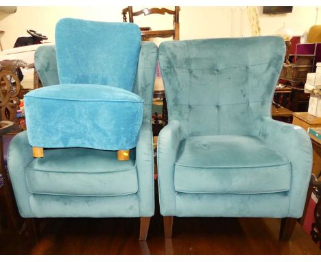 A pair of contemporary turquoise suede fabric upholstered button-back armchairs, each with squab cushion, width 73cm, togethe