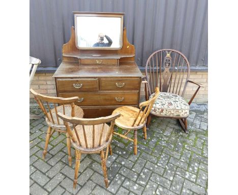 An Edwardian walnut swing mirror back dressing chest, together with an Ercol stick back rocking chair, a pair of elm seat and