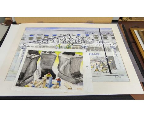 An artist folio and contents, principally being 20th century watercolour and wash sketches, framed and loose, some signed Car