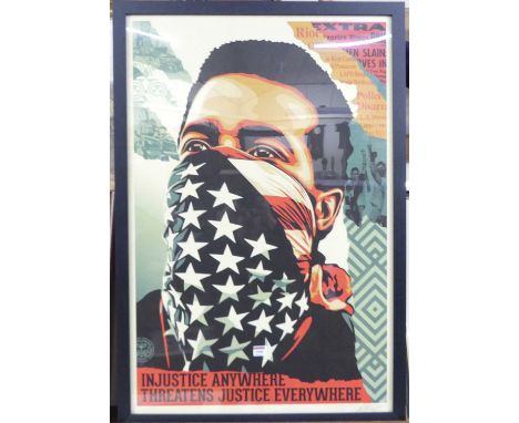 Shepard Fairey (American, b.1970), Injustice anywhere threatens justice everywhere, signed lithograph, 90 x 60cm