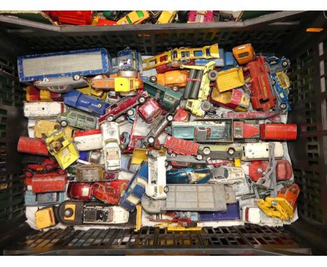 A tray containing a quantity of loose and playworn diecast to include Corgi Toys No. 238 Jaguar Mk X saloon, Dinky Toys No. 2